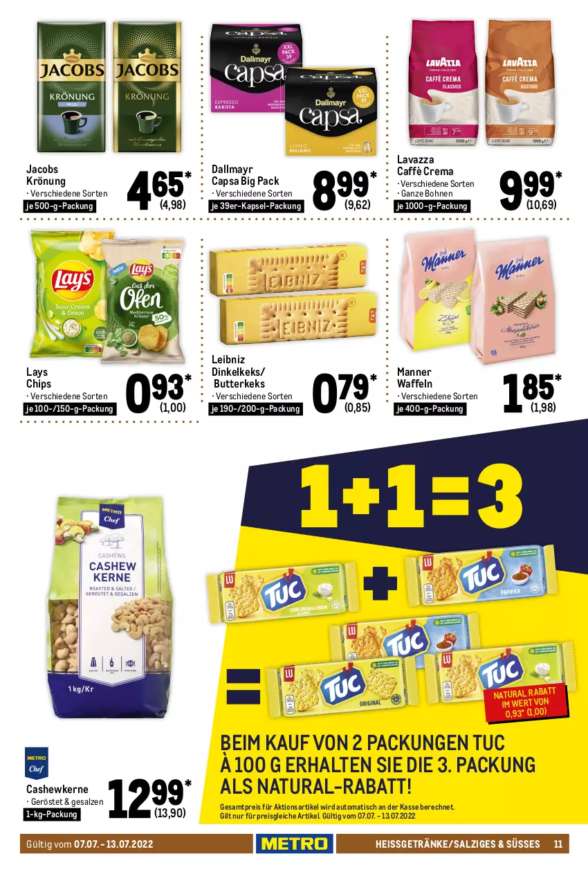 Aktueller Prospekt Metro - Food - von 07.07 bis 13.07.2022 - strona 11 - produkty: auto, Becher, beispielabbildung, beutel, bohne, bohnen, brause, butter, butterkeks, caffè crema, Cap, Cashew, cashewkerne, chips, dallmayr, dallmayr capsa, eis, frucht, getränk, getränke, jacobs, jacobs krönung, katjes, keks, kitkat, lavazza, lays, leibniz, LG, Lutscher, Manner, mars, milka, natur, natura, nestlé, pralinen, reis, riegel, salz, schoko, schokolade, storck, süsswaren, tafelschokolade, Ti, tisch, toffifee, tuc, waffeln