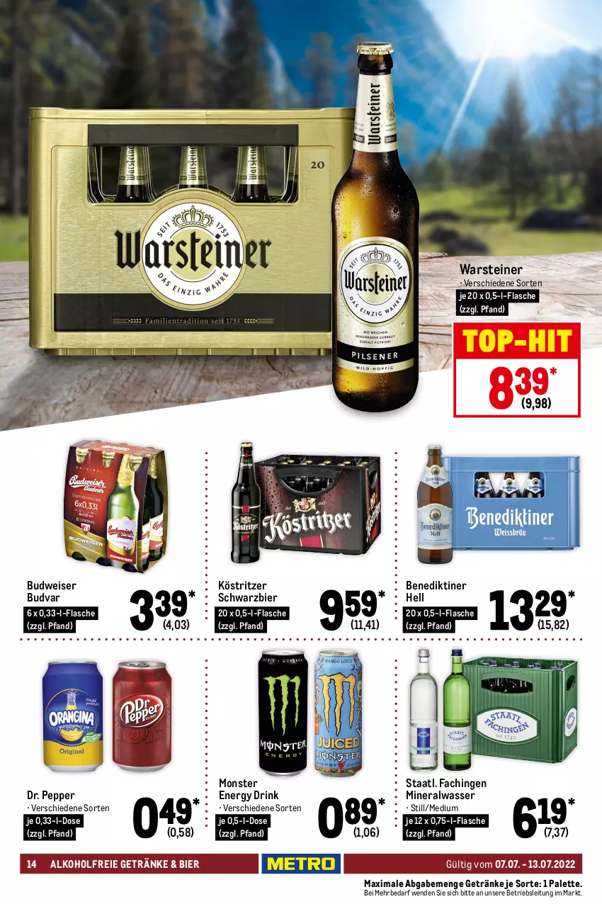 Aktueller Prospekt Metro - Food - von 07.07 bis 13.07.2022 - strona 14 - produkty: alkohol, alkoholfreie getränke, Alwa, Benediktiner, bier, budweiser, creme, drink, dusche, eis, elmex, elvital, energy drink, fairy, flasche, getränk, getränke, Heu, je 500-ml-flasche, kneipp, kosmetik, köstritzer, milch, mineralwasser, monster, Monster Energy, Palette, persil, reiniger, roll-on, Schaumdusche, scheuermilch, shampoo, spülung, Staatl. Fachingen, steiner, Ti, top-hit, vita, vollwaschmittel, warsteiner, waschmittel, wasser, zahncreme