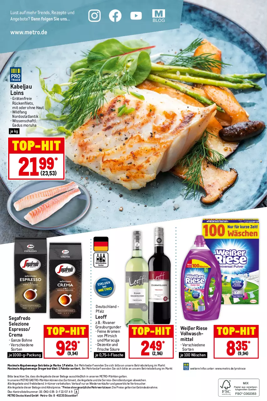 Aktueller Prospekt Metro - Food - von 07.07 bis 13.07.2022 - strona 16 - produkty: abholpreise, angebot, angebote, bohne, burgunder, eis, ente, espresso, filet, filets, flasche, getränk, getränke, grauburgunder, ilag, LG, maracuja, Metro, metro gastro, Palette, pfirsich, Rauch, reis, rezept, rezepte, Rivaner, rwe, Segafredo, Ti, top-hit, vollwaschmittel, waschmittel, Wild