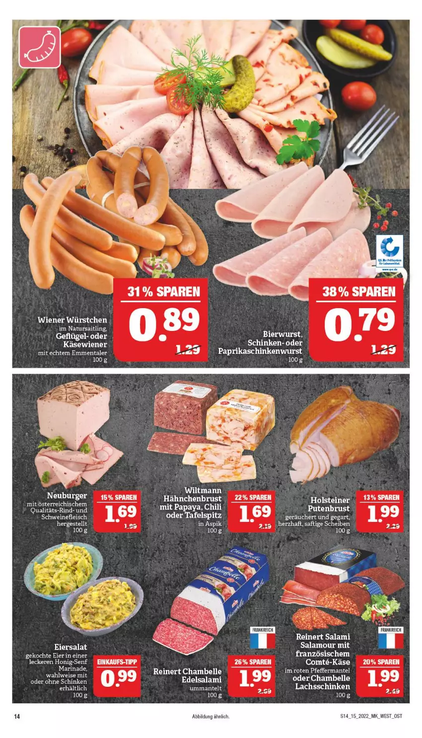 Aktueller Prospekt Marktkauf - Prospekt - von 10.04 bis 16.04.2022 - strona 14 - produkty: burger, chili, Edelsalami, eier, eiersalat, elle, Geflügel, holsteiner, honig, Honig-Senf, Käse, marinade, natur, Neuburger, Papaya, paprika, reinert, saft, salami, salat, schinken, schinkenwurst, senf, steiner, tafelspitz, Ti, wiener, wiltmann, wurst