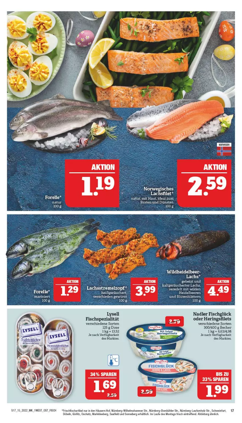 Aktueller Prospekt Marktkauf - Prospekt - von 10.04 bis 16.04.2022 - strona 17 - produkty: beere, beeren, Blüte, filet, filets, fisch, frischfisch, heidelbeere, heidelbeeren, hering, Herings, heringsfilets, Holz, lachs, nadler, ring, sahne, schwein, Spezi, Ti, wein