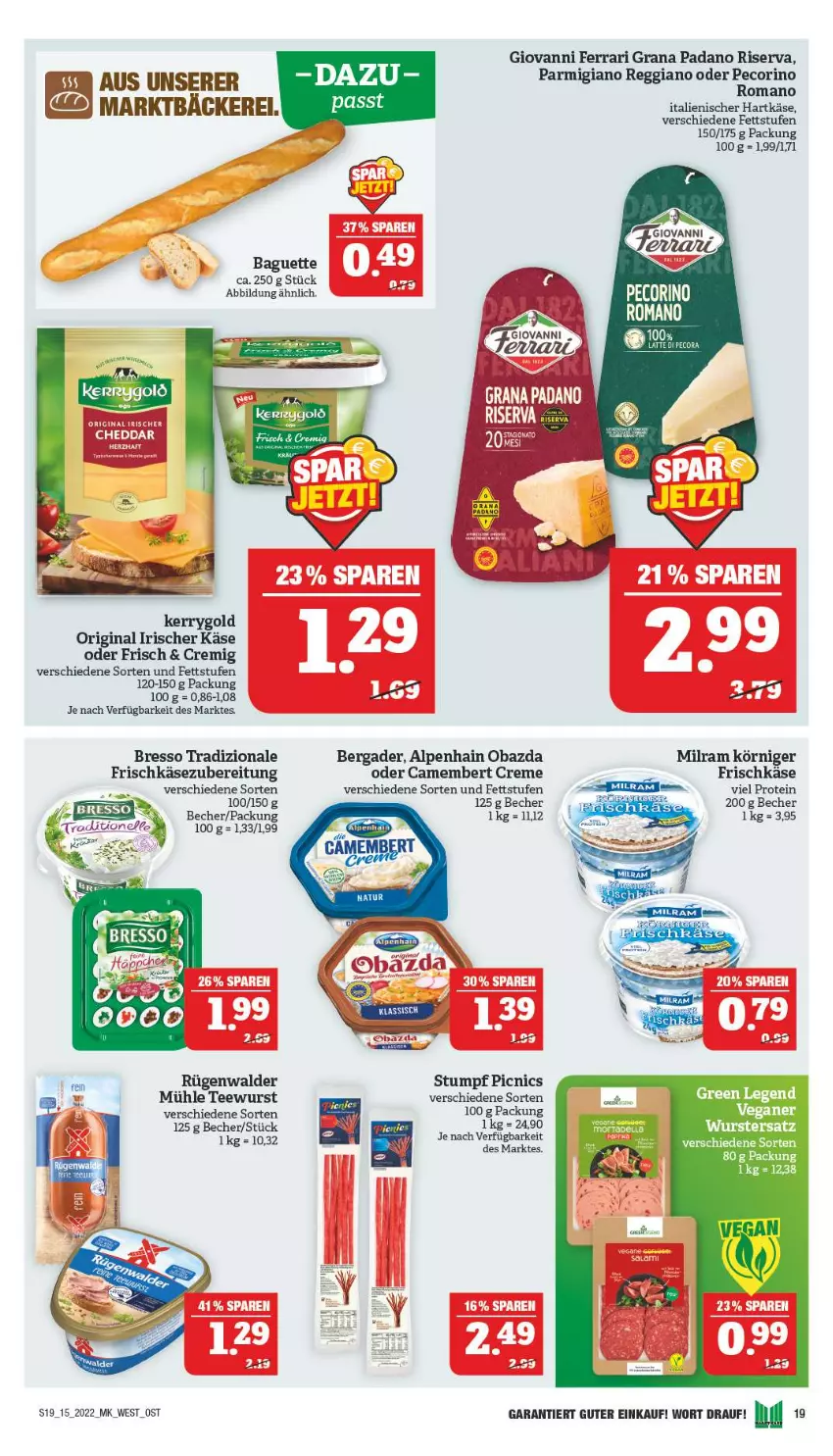 Aktueller Prospekt Marktkauf - Prospekt - von 10.04 bis 16.04.2022 - strona 19 - produkty: Alpenhain, baguette, Becher, bergader, bresso, camembert, camembert creme, creme, frischkäse, frischkäsezubereitung, gin, grana, grana padano, hartkäse, italienischer hartkäse, Käse, kerrygold, milram, obazda, padano, parmigiano, parmigiano reggiano, Pecorino, Rana, reggiano, riserva, rügenwalder, tee, teewurst, Ti, tradizionale, wurst