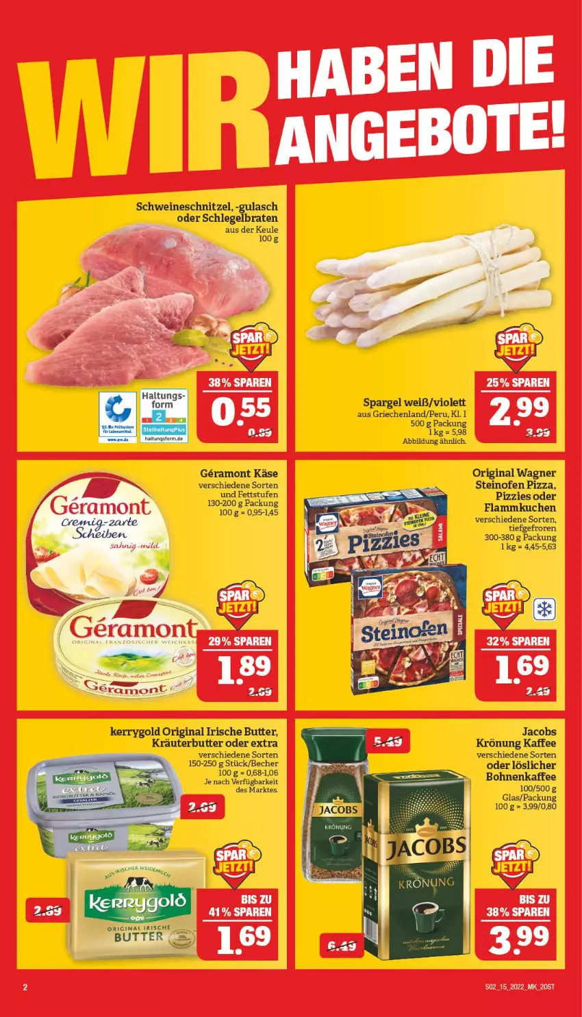 Aktueller Prospekt Marktkauf - Prospekt - von 10.04 bis 16.04.2022 - strona 2 - produkty: angebot, angebote, bohne, bohnen, bohnenkaffee, braten, butter, flammkuchen, gin, gulasch, irische butter, jacobs, kaffee, Käse, kerrygold, kräuter, kräuterbutter, kuchen, lamm, Ofen, original wagner, pizza, schnitzel, schwein, schweine, schweineschnitzel, spargel, steinofen, steinofen pizza, Ti, wagner, wein, weine