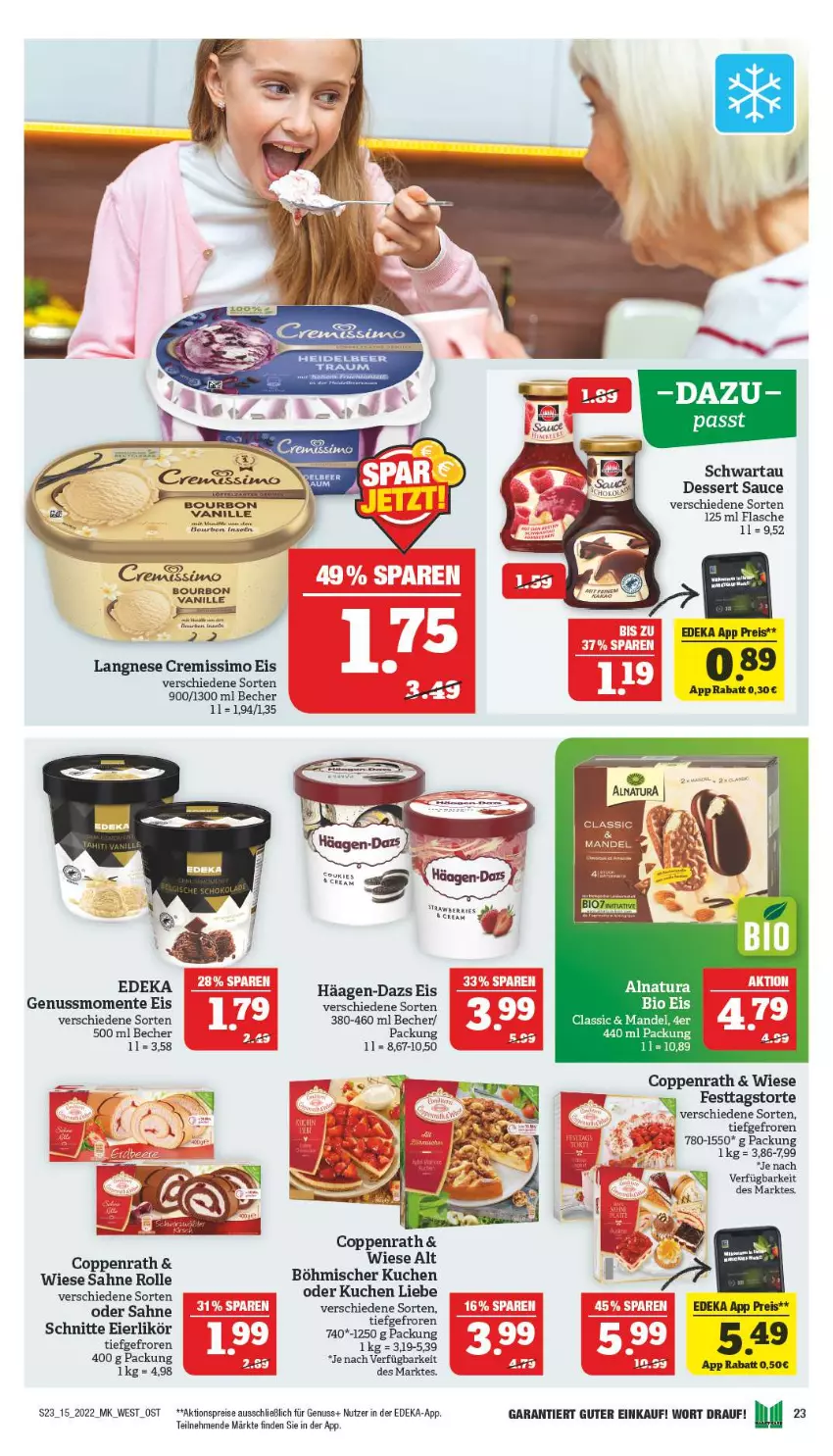 Aktueller Prospekt Marktkauf - Prospekt - von 10.04 bis 16.04.2022 - strona 23 - produkty: aktionspreis, Bau, Becher, bio, bourbon, bourbon vanille, coppenrath, cremissimo, deka, dessert, eier, eierlikör, eis, elle, ente, flasche, häagen-dazs, kuchen, langnese, langnese cremissimo, likör, mandel, natur, natura, nuss, reis, sahne, sauce, sim, Ti, torte, vanille