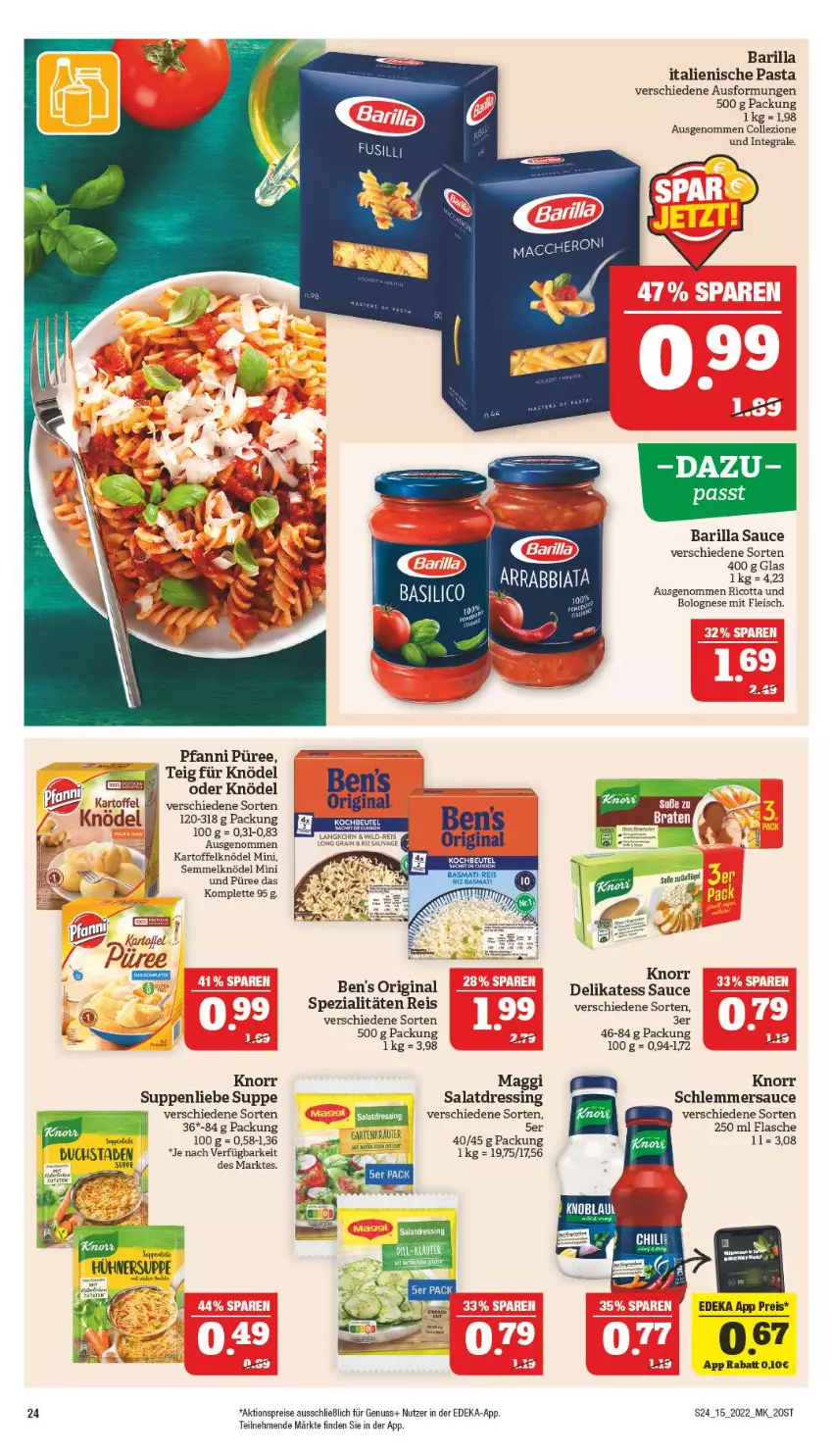 Aktueller Prospekt Marktkauf - Prospekt - von 10.04 bis 16.04.2022 - strona 24 - produkty: aktionspreis, barilla, bolognese, buch, deka, delikatess sauce, dressing, eis, flasche, fleisch, gin, italienische pasta, kartoffel, Kartoffelknödel, Knödel, knorr, kräuter, maggi, nuss, pasta, pfanni, püree, reis, ricotta, salat, salatdressing, sauce, schlemmersauce, Semmel, Semmelknödel, Spezi, suppe, suppen, suppenliebe, Ti