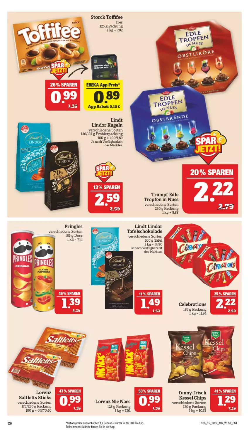 Aktueller Prospekt Marktkauf - Prospekt - von 10.04 bis 16.04.2022 - strona 26 - produkty: aktionspreis, bier, chips, deka, eis, elle, funny-frisch, Kugel, lindor, lindt, lorenz, nuss, paprika, pringles, reis, ring, rum, saltletts, schoko, schokolade, storck, tafelschokolade, Ti, toffifee