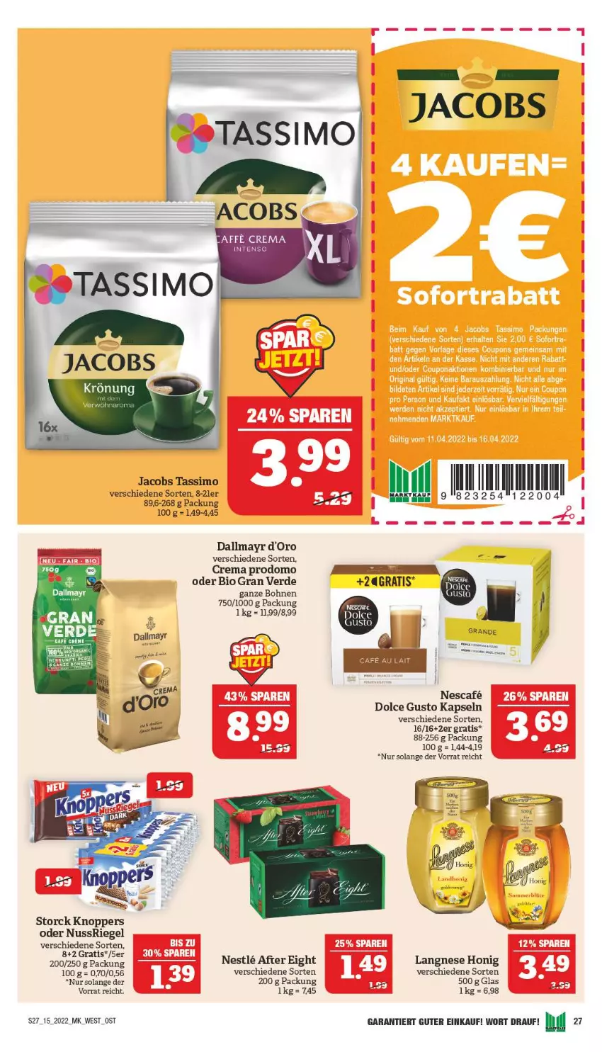 Aktueller Prospekt Marktkauf - Prospekt - von 10.04 bis 16.04.2022 - strona 27 - produkty: after eight, bier, bio, bohne, bohnen, dallmayr, dolce gusto, erde, honig, jacobs, jacobs tassimo, knoppers, langnese, nuss, nussriegel, prodomo, riegel, sim, storck, tassimo, Ti, Tiere