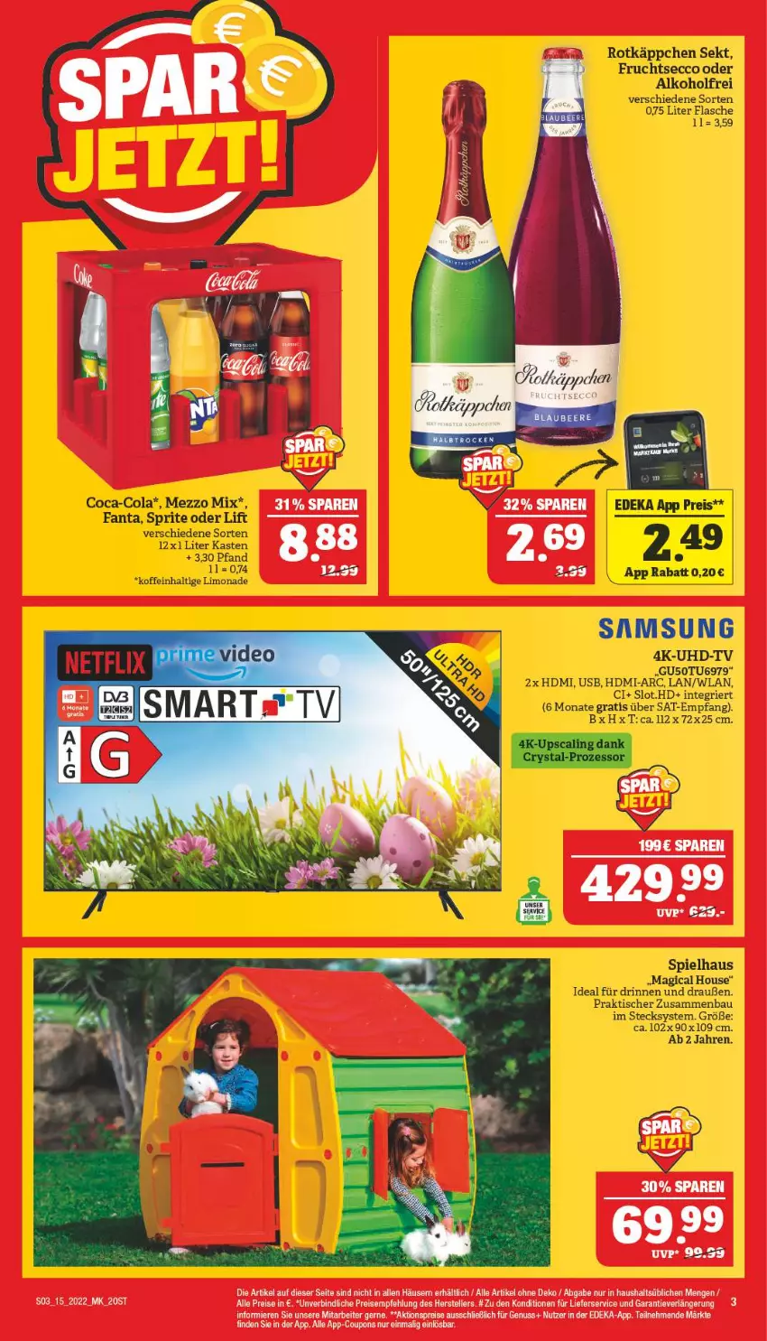 Aktueller Prospekt Marktkauf - Prospekt - von 10.04 bis 16.04.2022 - strona 3 - produkty: aktionspreis, alkohol, Bau, coca-cola, cola, coupon, coupons, deka, ecco, eis, elle, fanta, flasche, frucht, fruchtsecco, HDMI, lieferservice, limo, limonade, Mezzo Mix, nuss, reis, rotkäppchen, Samsung, sekt, sprite, teller, Ti, tisch, uhd, UHD-TV, usb