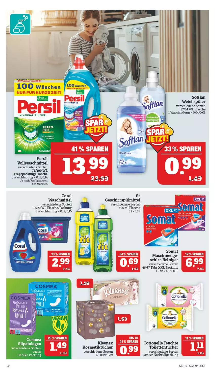 Aktueller Prospekt Marktkauf - Prospekt - von 10.04 bis 16.04.2022 - strona 32 - produkty: Coral, cottonelle, elle, flasche, geschirr, geschirrspülmittel, kosmetik, Kosmetiktücher, kraft, persil, reiniger, slip, slipeinlagen, Softlan, somat, spülmittel, Ti, toilettentücher, tücher, universal pulver, vollwaschmittel, waschmittel, weichspüler