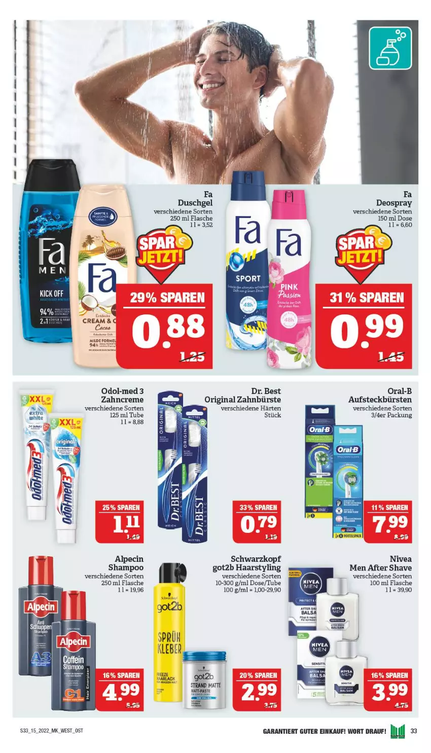 Aktueller Prospekt Marktkauf - Prospekt - von 10.04 bis 16.04.2022 - strona 33 - produkty: after shave, alpecin, aufsteckbürsten, bürste, bürsten, cin, creme, deo, deospray, Dr. Best, duschgel, fa duschgel, flasche, gin, got2b, nivea, Odol, Odol-med 3, oral-b, schwarzkop, schwarzkopf, shampoo, Ti, zahnbürste, zahncreme