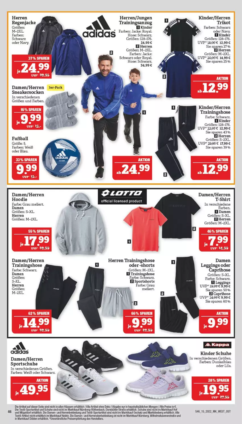 Aktueller Prospekt Marktkauf - Prospekt - von 10.04 bis 16.04.2022 - strona 46 - produkty: Anzug, ball, Cap, caprihose, eis, elle, Fußball, gin, hose, Jacke, Kinder, kleid, Kleidung, leggings, reis, schuhe, shirt, shorts, sneaker, sneakersocken, socken, Sport, sportschuhe, T-Shirt, teller, Ti, trainingsanzug, Trainingshose, Trikot