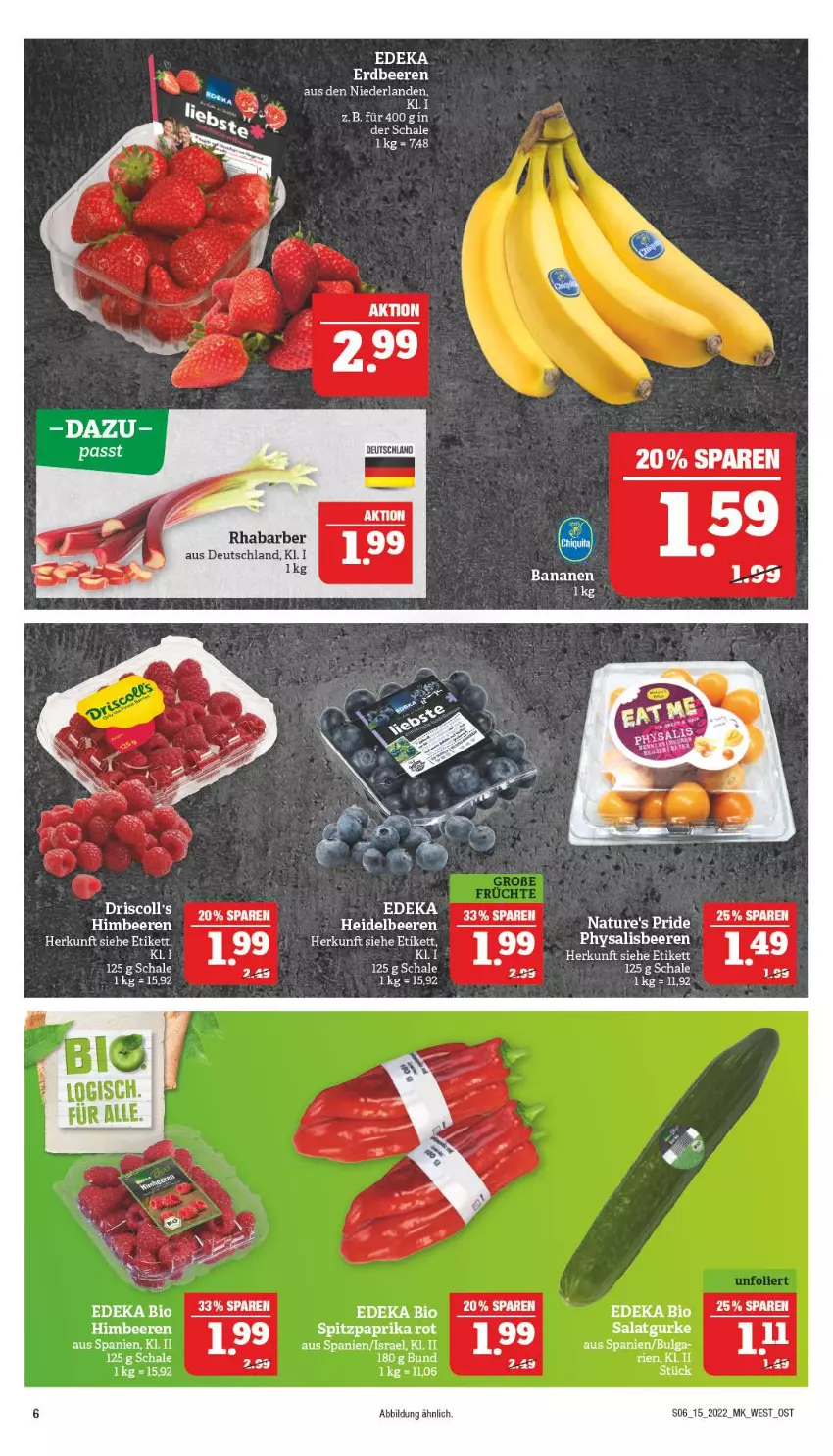 Aktueller Prospekt Marktkauf - Prospekt - von 10.04 bis 16.04.2022 - strona 6 - produkty: banane, bananen, beere, beeren, bio, deka, edeka bio, erdbeere, erdbeeren, gin, gurke, heidelbeere, heidelbeeren, himbeer, himbeere, himbeeren, LG, natur, paprika, paprika rot, rhabarber, salat, Salatgurke, Schal, Schale, Spitzpaprika