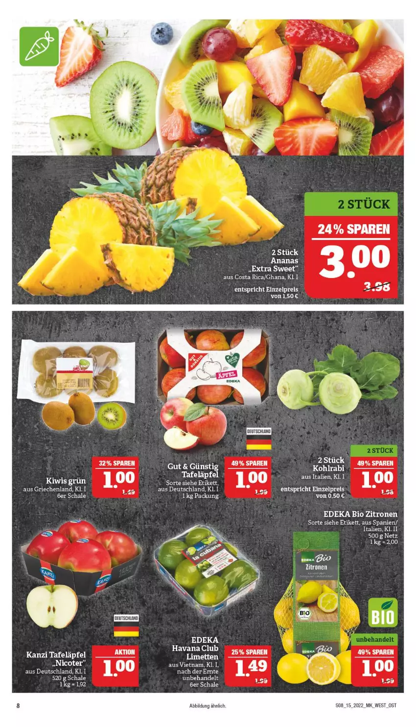 Aktueller Prospekt Marktkauf - Prospekt - von 10.04 bis 16.04.2022 - strona 8 - produkty: ananas, bio, deka, edeka bio, eier, kiwi, limette, limetten, Mett, metten, Schal, Schale, tafeläpfel, tee, Ti, zitrone, zitronen