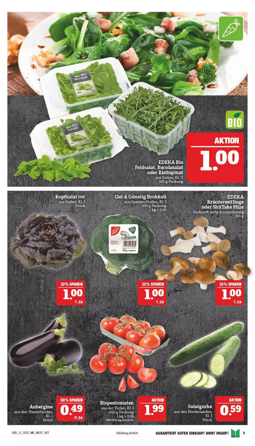 Aktueller Prospekt Marktkauf - Prospekt - von 10.04 bis 16.04.2022 - strona 9 - produkty: aubergine, blattspinat, brokkoli, cola, feldsalat, gin, gurke, kopfsalat, kräuter, Kräuterseitlinge, pilze, rispentomaten, rucola, salat, Salatgurke, spinat, Ti, tomate, tomaten