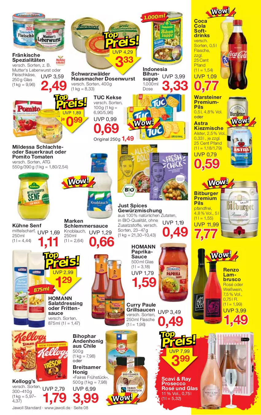 Aktueller Prospekt Jawoll - Prospekte - von 11.12 bis 17.12.2022 - strona 12 - produkty: Astra, auer, bihophar, bio, bitburger, Brei, burger, cola, curry, Dosenwurst, dressing, drink, drinks, ecco, eis, flasche, fleisch, fleischkäse, gewürz, Gewürzmischung, gin, grill, grillsauce, Hausmacher, homann, honig, Käse, keks, kekse, knoblauch, Kraut, Kühne, kühne senf, Lambrusco, leberwurst, mac, paprika, pils, pomito, premium pils, prosecco, salat, salatdressing, sauce, saucen, Sauerkraut, schlemmersauce, senf, Spezi, steiner, suppe, tomate, tomaten, tuc, warsteiner, wein, Weißwein, wurst