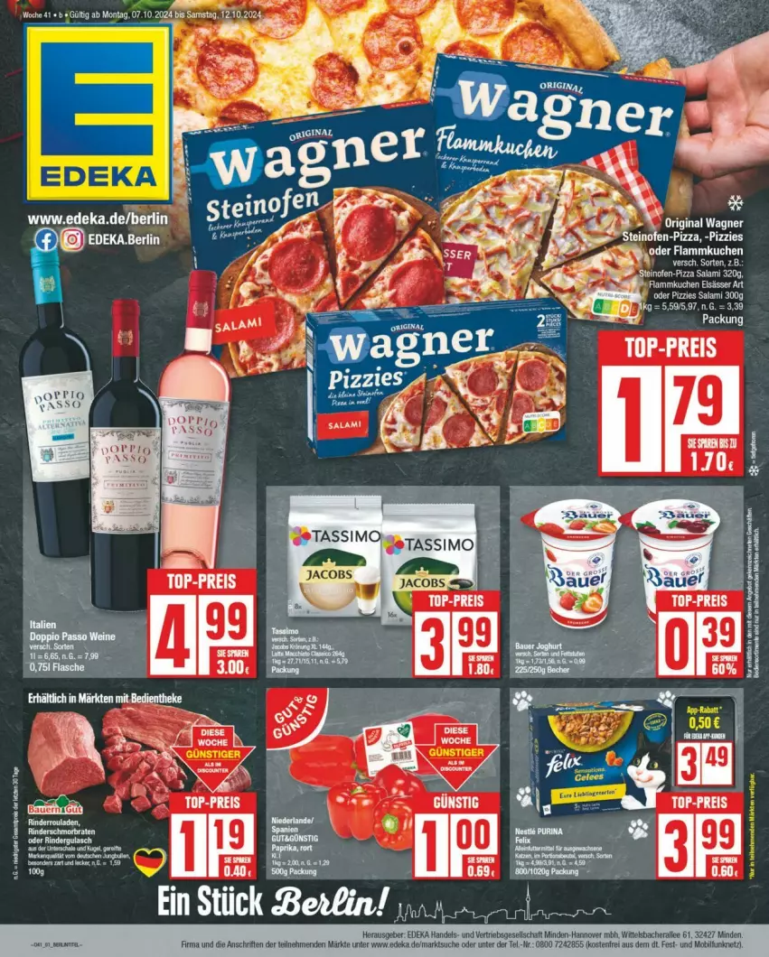 Aktueller Prospekt Edeka - Prospekte - von 05.10 bis 12.10.2024 - strona 1 - produkty: Bad, deka, eis, elsässer art, flammkuchen, kuchen, lamm, Ofen, pizza, reis, rind, rinder, salami, steinofen, Ti, top-preis