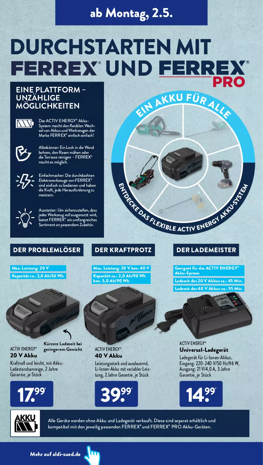 Aktueller Prospekt AldiSud - ALDI Aktuell - von 02.05 bis 07.05.2022 - strona 12 - produkty: akku, aldi, auer, eis, Elektro, elle, erde, ferrex, kraft, ladegerät, mac, Meister, ohne akku und ladegerät, rasen, Ria, ring, Ti, werkzeug, werkzeuge