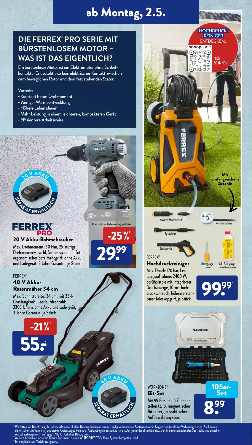 Aktueller Prospekt AldiSud - ALDI Aktuell - von 02.05 bis 07.05.2022 - strona 13 - produkty: adapter, akku, akku-bohrschrauber, alle artikel ohne dekoration, angebot, auer, aufbewahrungsbox, Bohrschrauber, Brei, bürste, bürsten, decke, dekoration, eis, Elektro, elle, ente, ferrex, gin, hochdruckreiniger, HP, korb, ladegerät, LG, ohne akku und ladegerät, rasen, rasenmäher, reiniger, Reinigung, Reinigungsmittel, resa, rum, schlauch, Sprühpistole, Teleskop, Ti, tisch, wasser, WICK, ZTE