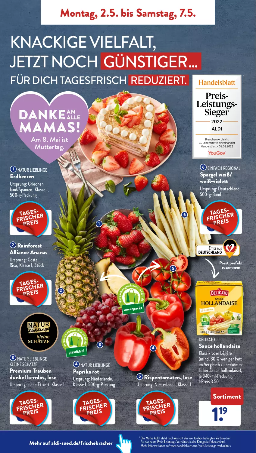 Aktueller Prospekt AldiSud - ALDI Aktuell - von 02.05 bis 07.05.2022 - strona 2 - produkty: aldi, ananas, asti, beere, beeren, eis, erdbeere, erdbeeren, hollandaise, kracher, lebensmittel, leine, mam, natur, paprika, paprika rot, Rauch, reis, rispentomaten, sauce, sauce hollandaise, spargel, Ti, tomate, tomaten, trauben, Yo