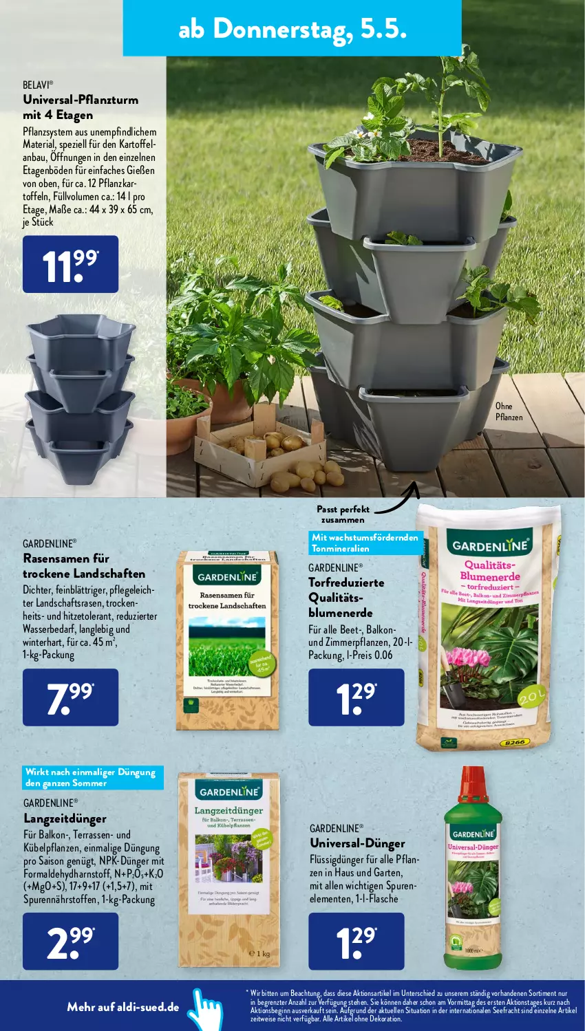 Aktueller Prospekt AldiSud - ALDI Aktuell - von 02.05 bis 07.05.2022 - strona 26 - produkty: aldi, alle artikel ohne dekoration, Bau, blume, blumen, blumenerde, dekoration, dünger, eis, Elan, elle, ente, erde, flasche, flüssigdünger, gardenline®, Garten, gin, K2, kartoffel, kartoffeln, kübelpflanzen, pflanze, pflanzen, Pflanzkartoffeln, rasen, rasensamen, reis, Ria, Spezi, Ti, wasser, ZTE