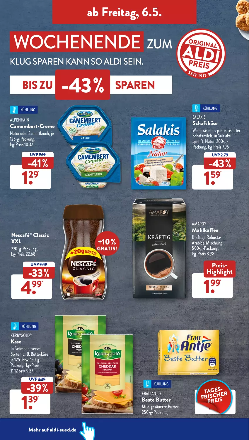 Aktueller Prospekt AldiSud - ALDI Aktuell - von 02.05 bis 07.05.2022 - strona 36 - produkty: aldi, Alpenhain, amaro, beste butter, butter, butterkäse, camembert, creme, eis, frau antje, kaffee, Käse, kerrygold, milch, natur, Nescafé, reis, salakis, salz, schafskäse, schnittlauch, Ti, weichkäse