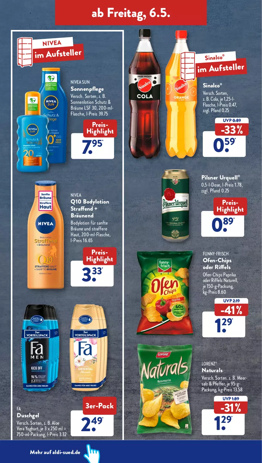 Aktueller Prospekt AldiSud - ALDI Aktuell - von 02.05 bis 07.05.2022 - strona 38 - produkty: aldi, aloe vera, bier, body, bodylotion, chips, cola, duschgel, eis, elle, fa duschgel, flasche, funny-frisch, lorenz, Lotion, meersalz, natur, natura, nivea, nivea sun, Ofen, paprika, pfeffer, pils, pilsner, pilsner urquell, Q10, reis, rel, salz, sinalco, teller, Ti, Yo, yoghurt