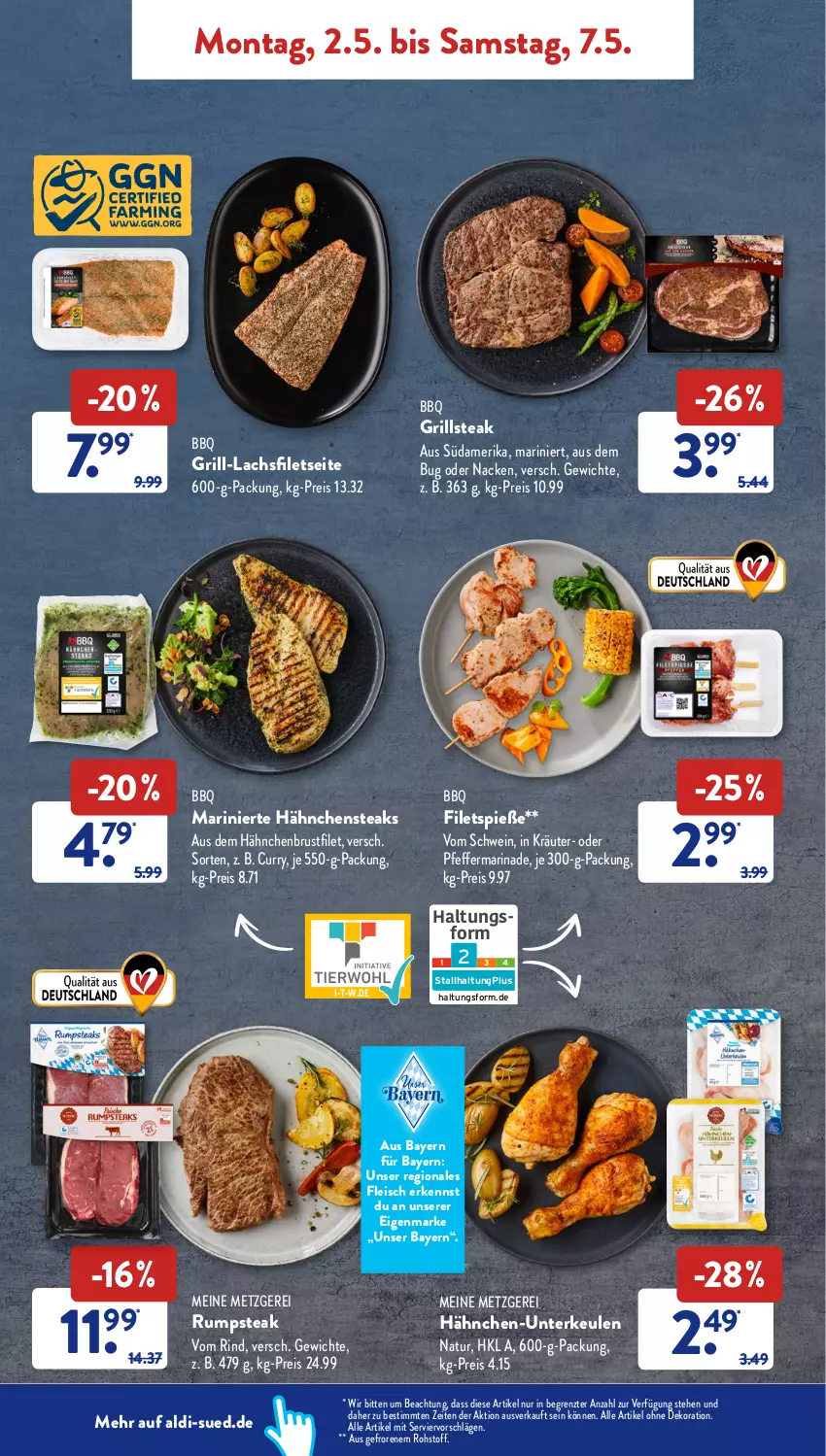 Aktueller Prospekt AldiSud - ALDI Aktuell - von 02.05 bis 07.05.2022 - strona 4 - produkty: aldi, alle artikel ohne dekoration, brustfilet, curry, dekoration, eis, filet, filets, fleisch, grill, grill-lachs, Hähnchen-Unterkeulen, hähnchenbrust, hähnchenbrustfilet, Hähnchensteak, hähnchensteaks, kräuter, lachs, lachsfilet, lachsfilets, marinade, natur, pfeffer, reis, rind, rum, rumpsteak, schwein, steak, steaks, Ti, wein, ZTE