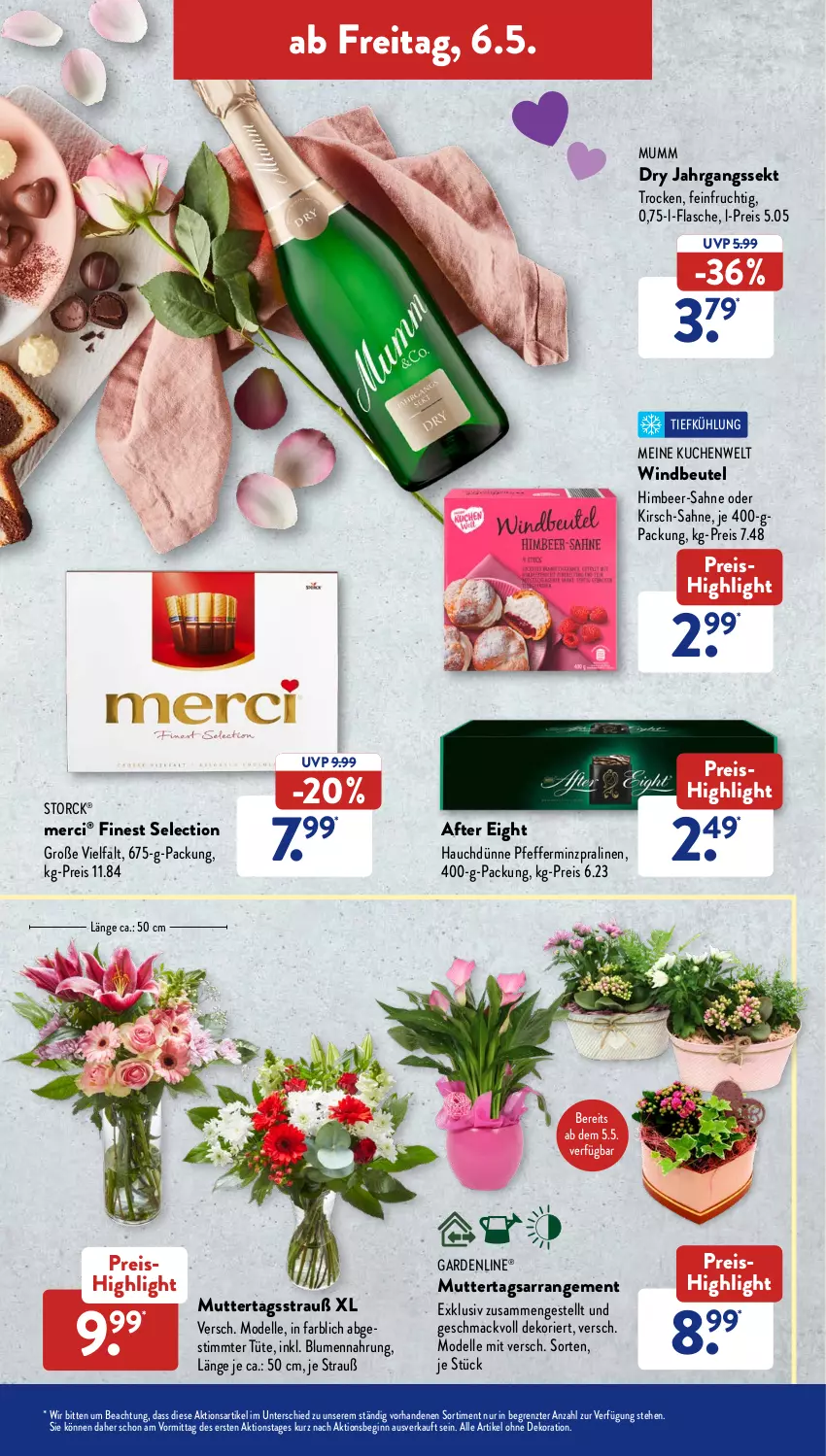 Aktueller Prospekt AldiSud - ALDI Aktuell - von 02.05 bis 07.05.2022 - strona 43 - produkty: after eight, alle artikel ohne dekoration, beutel, bier, blume, blumen, dekoration, dell, eis, elle, flasche, frucht, gardenline®, gin, himbeer, jahrgangssekt, kirsch, kuchen, mac, merci, Mode, mumm, pfeffer, pralinen, reis, sahne, sekt, storck, Ti, Tüte, Windbeutel, ZTE