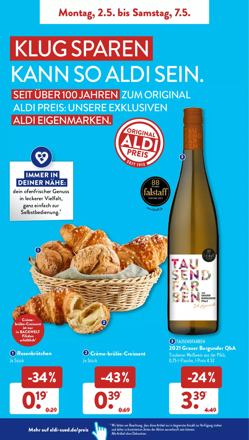 Aktueller Prospekt AldiSud - ALDI Aktuell - von 02.05 bis 07.05.2022 - strona 8 - produkty: aldi, alle artikel ohne dekoration, asti, auer, brötchen, burgunder, Croissant, dekoration, eis, flasche, gin, grauer burgunder, nuss, Ofen, reis, rosen, Ti, wein, Weißwein, ZTE