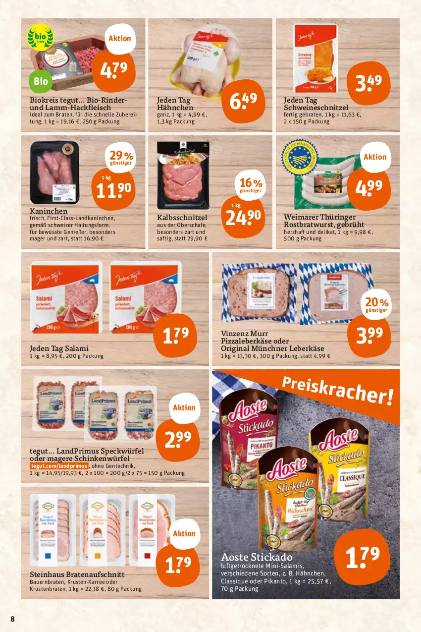 Aktueller Prospekt Tegut - Angebote der Woche - von 22.05 bis 27.05.2023 - strona 10 - produkty: aoste stickado, auer, aufschnitt, Bau, Bauer, bio, braten, bratenaufschnitt, bratwurst, eis, elle, ente, fleisch, gin, hackfleisch, ideal zum braten, kalbsschnitzel, Käse, krustenbraten, lamm, landprimus, leberkäs, leberkäse, Mini-Salami, ndk, pizza, reis, rind, rinder, ring, rostbratwurst, saft, salami, Schal, Schale, schinken, schnitzel, schwein, schweine, schweineschnitzel, Speck, steinhaus, stickado, thüringer rostbratwurst, Ti, wein, weine, würfel, wurst