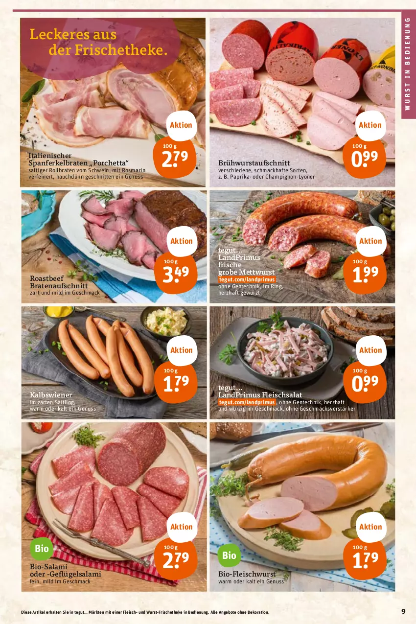 Aktueller Prospekt Tegut - Angebote der Woche - von 22.05 bis 27.05.2023 - strona 11 - produkty: angebot, angebote, aufschnitt, beef, bio, Bio-Salami, braten, bratenaufschnitt, Brühwurst, champignon, dekoration, eis, ente, fleisch, fleischsalat, fleischwurst, Geflügel, gewürz, im zarten saitling, landprimus, lyoner, mac, Mett, mettwurst, nuss, paprika, ring, roastbeef, rollbraten, rosmarin, saft, salami, salat, schnitten, schwein, Ti, wein, wiener, wurst, Yo