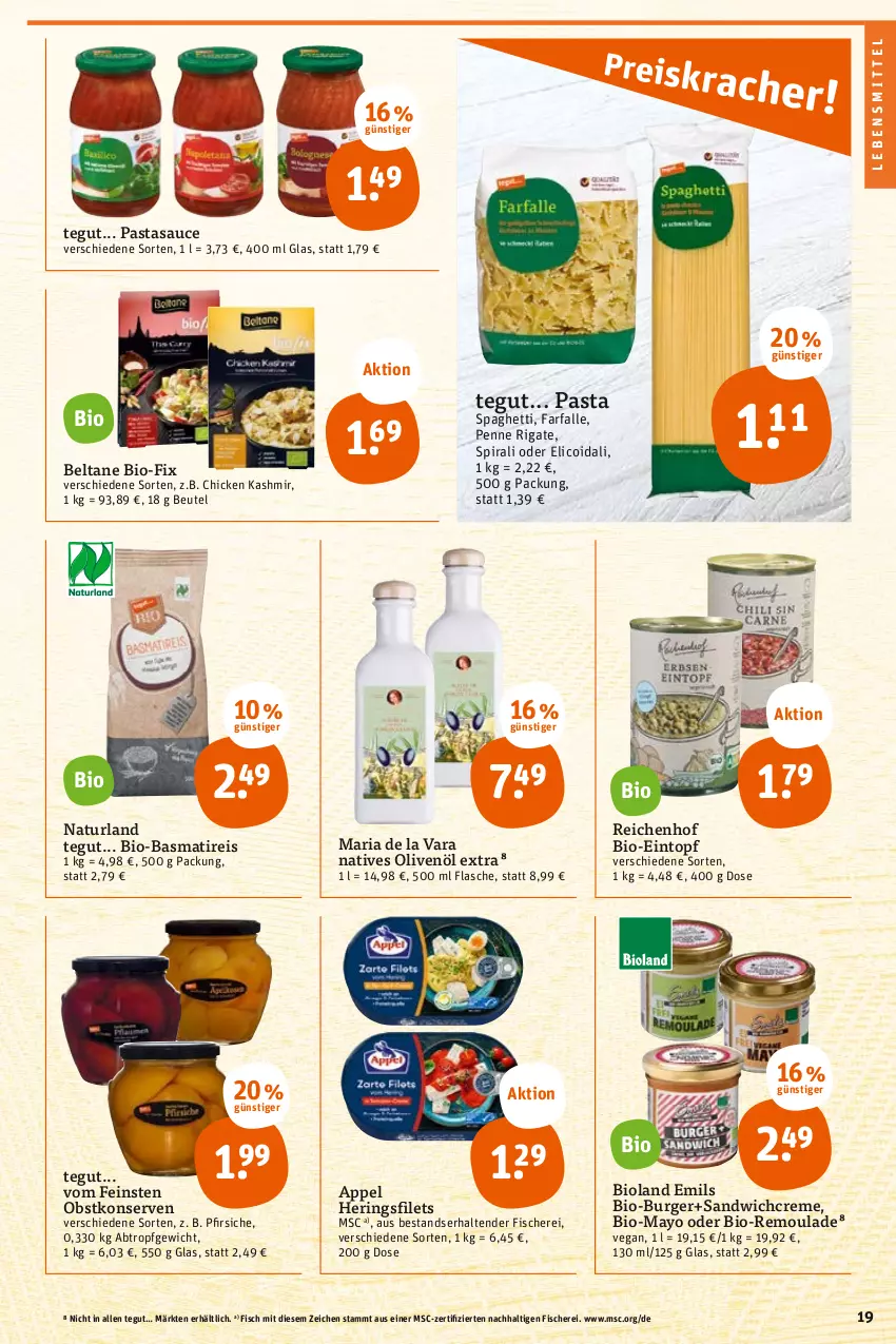 Aktueller Prospekt Tegut - Angebote der Woche - von 22.05 bis 27.05.2023 - strona 21 - produkty: basmati, beutel, bio, bioland, burger, creme, eintopf, eis, farfalle, filet, filets, fisch, fische, Fischer, flasche, hering, Herings, heringsfilets, Konserven, lebensmittel, natives olivenöl, natur, naturland, obst, olive, oliven, olivenöl, olivenöl extra, pasta, penne, penne rigate, pfirsich, pfirsiche, reis, remoulade, Ria, ring, sandwich, sauce, Schere, spaghetti, tender, Ti, topf, Yo