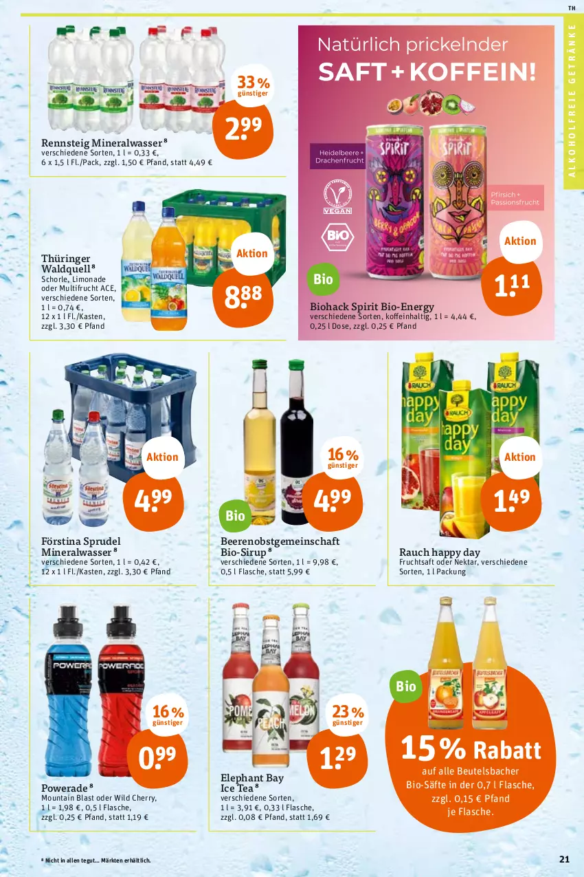 Aktueller Prospekt Tegut - Angebote der Woche - von 22.05 bis 27.05.2023 - strona 23 - produkty: alkohol, alkoholfreie getränke, Alwa, beere, beeren, beutel, bio, Elephant Bay, flasche, frucht, fruchtsaft, getränk, getränke, Happy Day, ice tea, limo, limonade, mineralwasser, Nektar, obst, Rauch, ring, saft, säfte, schorle, sirup, Sprudel, Ti, wasser, Wild