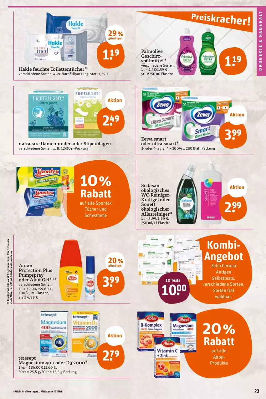 Aktueller Prospekt Tegut - Angebote der Woche - von 22.05 bis 27.05.2023 - strona 25 - produkty: Abtei, angebot, Autan, binden, bio, biozidprodukte, corona, Damenbinden, flasche, geschirr, geschirrspülmittel, hakle, kraft, magnesium, magnesium 400, olive, palmolive, Rauch, reiniger, rwe, slip, slipeinlagen, Soda, spontex, spülmittel, Ti, toilettentücher, tücher, wc-reiniger, zewa