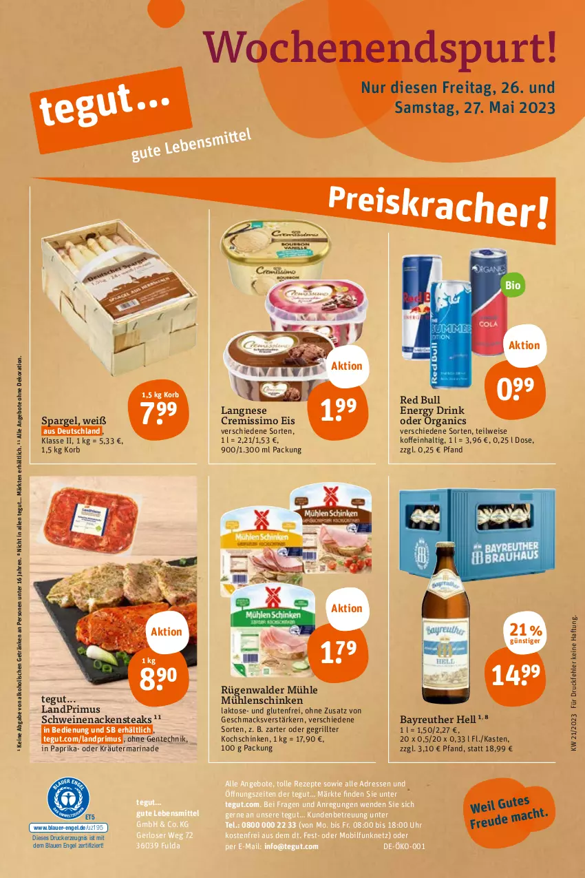 Aktueller Prospekt Tegut - Angebote der Woche - von 22.05 bis 27.05.2023 - strona 26 - produkty: alkohol, angebot, angebote, auer, bio, cremissimo, dekoration, drink, drucker, eis, energy drink, Engel, ente, Fulda, getränk, getränke, grill, kerze, kochschinken, korb, kräuter, landprimus, langnese, langnese cremissimo, lebensmittel, mac, marinade, Nackensteak, nackensteaks, oder kräuter, paprika, red bull, rezept, rezepte, rügenwalder, rügenwalder mühle, schinken, schwein, schweine, schweinenacken, sim, spargel, steak, steaks, Ti, uhr, wein, weine