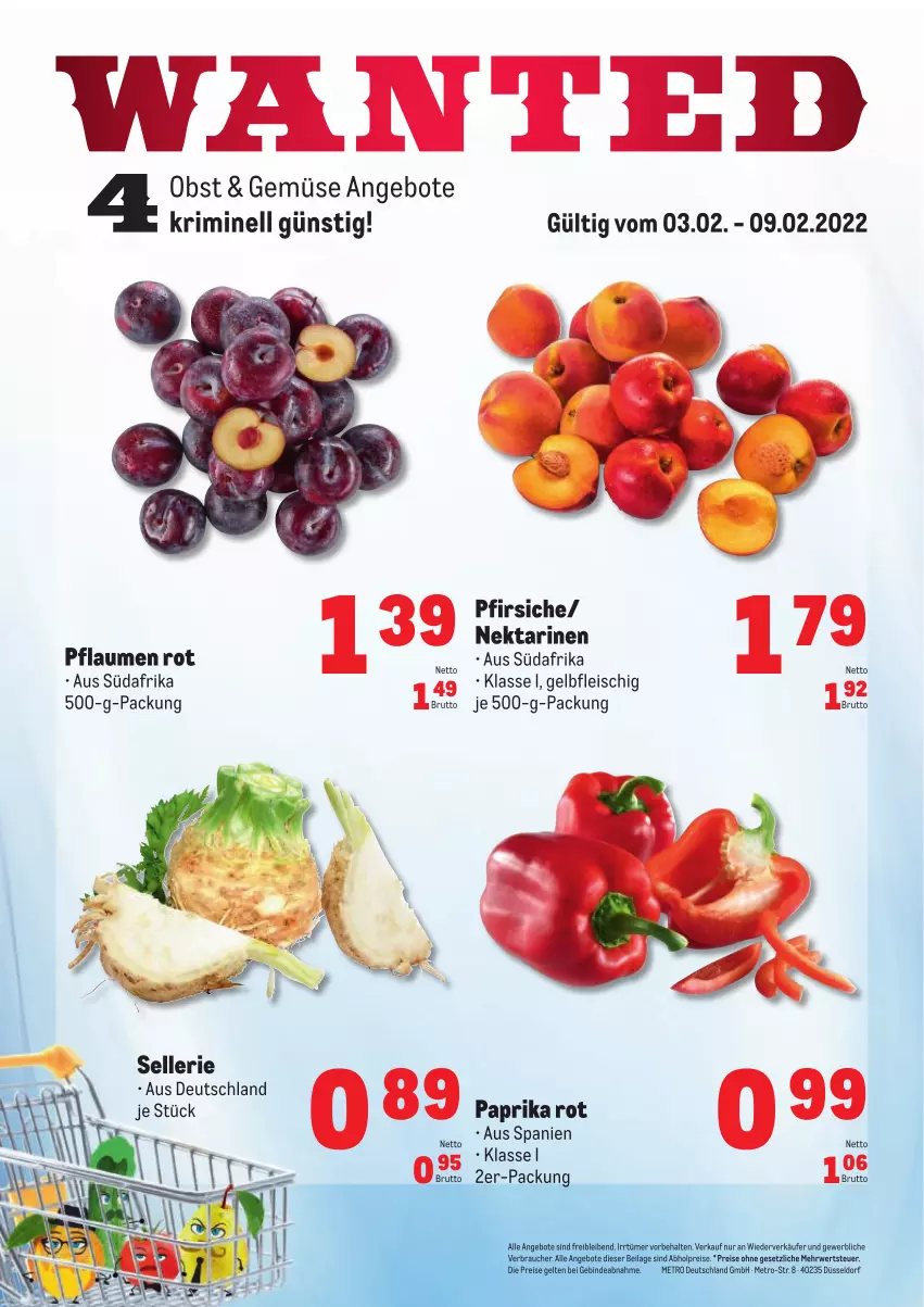 Aktueller Prospekt Metro - Obst & Gemüse Frischepreise - von 03.02 bis 09.02.2022 - strona 1 - produkty: abholpreise, angebot, angebote, brut, eis, elle, fleisch, ilag, Metro, Nektar, nektarinen, obst, paprika, paprika rot, pfirsich, pfirsiche, pflaume, pflaumen, Rauch, reis, rwe, Ti