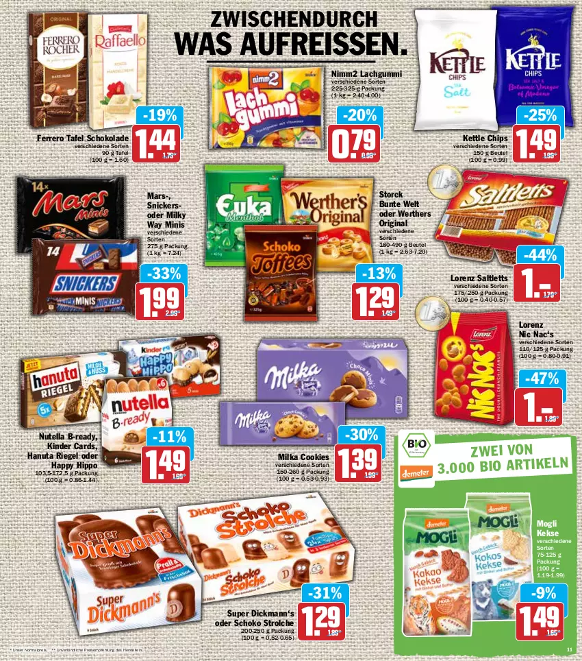 Aktueller Prospekt Hit - Prospekte - von 21.03 bis 26.03.2022 - strona 11 - produkty: beutel, chips, cookie, cookies, eis, elle, ferrero, gin, hanuta, hipp, keks, kekse, Kinder, lachgummi, lorenz, mars, milka, milky way, nimm2, nutella, reis, reiss, riegel, saltletts, schoko, schokolade, snickers, storck, teller