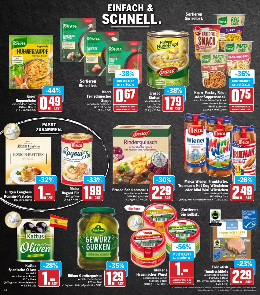 Aktueller Prospekt Hit - Prospekte - von 21.03 bis 26.03.2022 - strona 14 - produkty: aktionspreis, Becher, beutel, eintopf, eis, elle, erasco, feinschmecker, filet, filets, fisch, fische, Fischer, followfish, frankfurter, gewürz, Gewürzgurke, gewürzgurken, gin, gurke, gurken, Hausmacher, hot dog, kartoffel, knorr, knorr pasta, Königin-Pasteten, Kühne, mac, meica, Müller, olive, oliven, pasta, pastete, pfanni, Ragout, reis, Schal, Schale, Schere, snack, suppe, suppen, suppenliebe, teller, thunfisch, Ti, Tiere, topf, wiener, wurst, würstchen