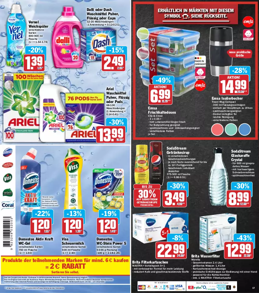 Aktueller Prospekt Hit - Prospekte - von 21.03 bis 26.03.2022 - strona 17 - produkty: ariel, ariel waschmittel, Babynahrung, Becher, bio, Brei, brita, Cap, coupon, dalli, decke, Deckel, domestos, eis, elle, emsa, filterkartuschen, flasche, frischhaltedosen, getränk, getränke, getränkesirup, gin, glaskaraffe, Heu, isolierbecher, Karaffe, kraft, kühlschrank, lebensmittel, mac, Maxtra, mikrowelle, milch, Pods, Rauch, Reinigung, reis, rel, rwe, scheuermilch, Schrank, sirup, Soda, sodastream, Sprudel, spülmaschinen, teller, tender, Ti, Tiere, tisch, travel mug, vernel, waschmittel, wasser, wasserfilter, wc-gel, weichspüler