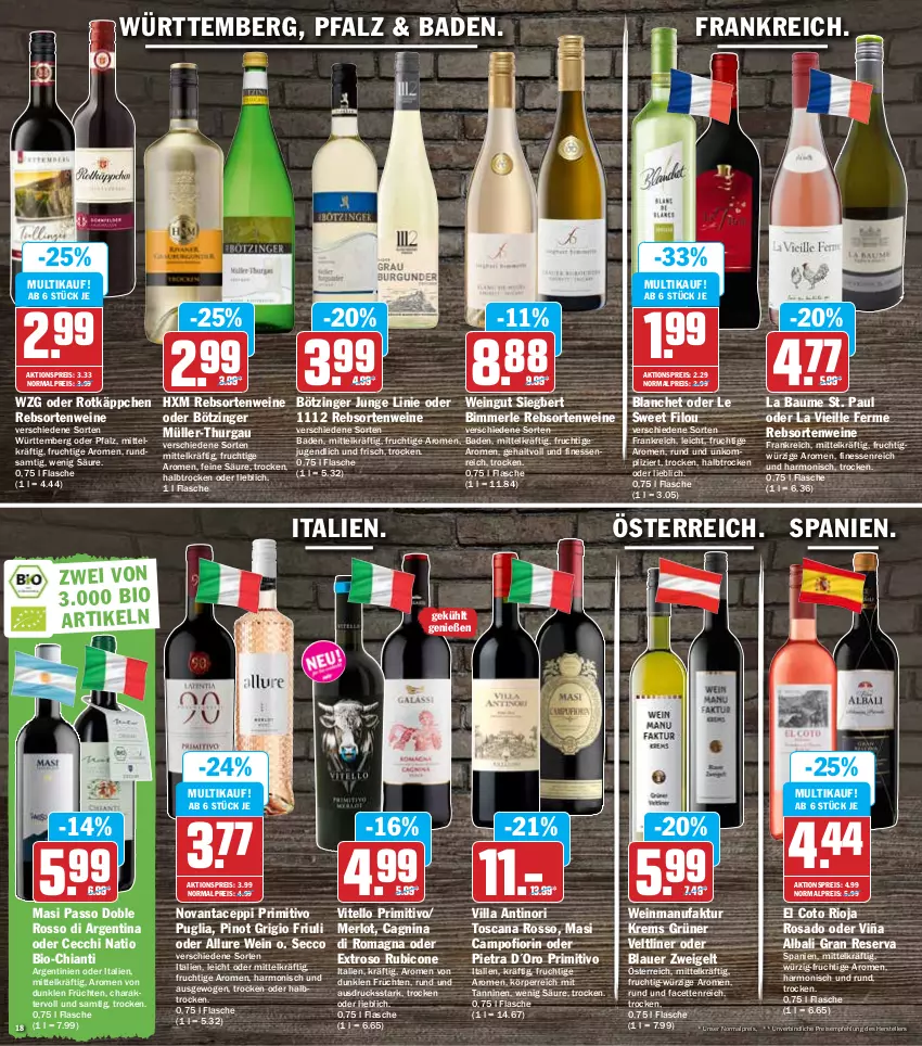 Aktueller Prospekt Hit - Prospekte - von 21.03 bis 26.03.2022 - strona 18 - produkty: aktionspreis, auer, Bad, Bau, bio, blauer zweigelt, chia, chianti, ecco, eis, elle, Faktu, finesse, flasche, frucht, früchte, früchten, grüner veltliner, merl, merlot, Müller, Müller-Thurgau, passo, Pinot, pinot grigio, primitivo, rebsortenweine, reis, rioja, rotkäppchen, teller, Ti, wein, weine, Zweigelt