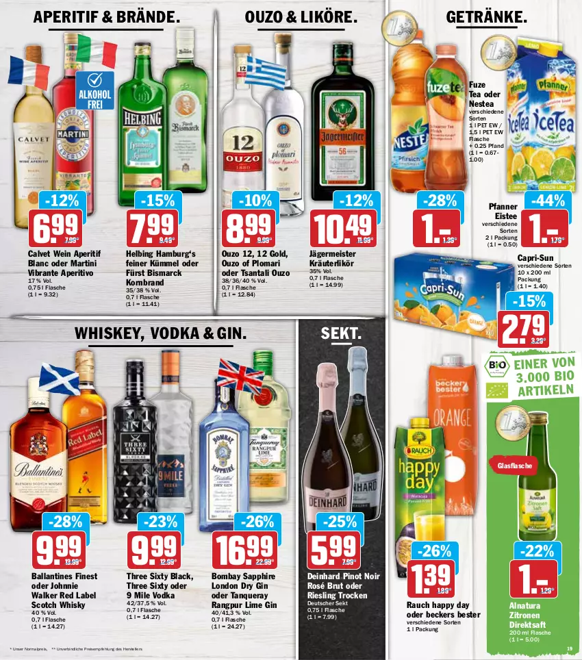 Aktueller Prospekt Hit - Prospekte - von 21.03 bis 26.03.2022 - strona 19 - produkty: aperitif, ball, Beckers Bester, bismarck, bombay sapphire, brut, Cap, capri-sun, deutscher sekt, direktsaft, dry gin, eis, eistee, elle, flasche, fuze tea, Germ, getränk, getränke, gin, glasflasche, Happy Day, jägermeister, johnnie walker, korn, kräuter, kräuterlikör, lack, likör, london dry, london dry gin, martini, Meister, natur, natura, Nestea, ouzo, ouzo 12, pfanne, Pfanner, Pinot, pinot noir, Rauch, reis, riesling, saft, sapphire, scotch, scotch whisky, sekt, Tanqueray, tee, teller, Three Sixty, Ti, vodka, wein, whiskey, whisky, zitrone, zitronen