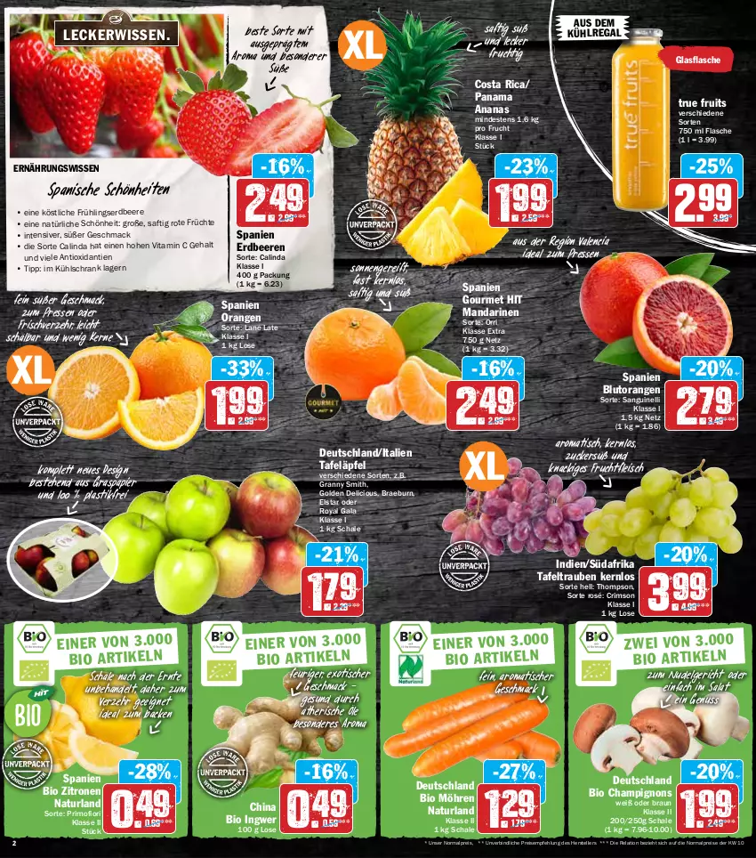 Aktueller Prospekt Hit - Prospekte - von 21.03 bis 26.03.2022 - strona 2 - produkty: ananas, asti, aus dem kühlregal, beere, beeren, bio, Blutorange, braun, champignon, champignons, eis, elle, erdbeere, erdbeeren, flasche, fleisch, frucht, früchte, fruchtfleisch, glasflasche, gsw, ingwer, kühlregal, kühlschrank, LG, mac, mandarine, mandarinen, möhren, natur, naturland, nudel, Nudelgericht, nuss, orange, orangen, papier, regal, reis, rel, saft, salat, Schal, Schale, Schrank, tafeläpfel, tafeltrauben, teller, Ti, tisch, trauben, true fruits, vita, Vitamin C, zitrone, zitronen, zucker