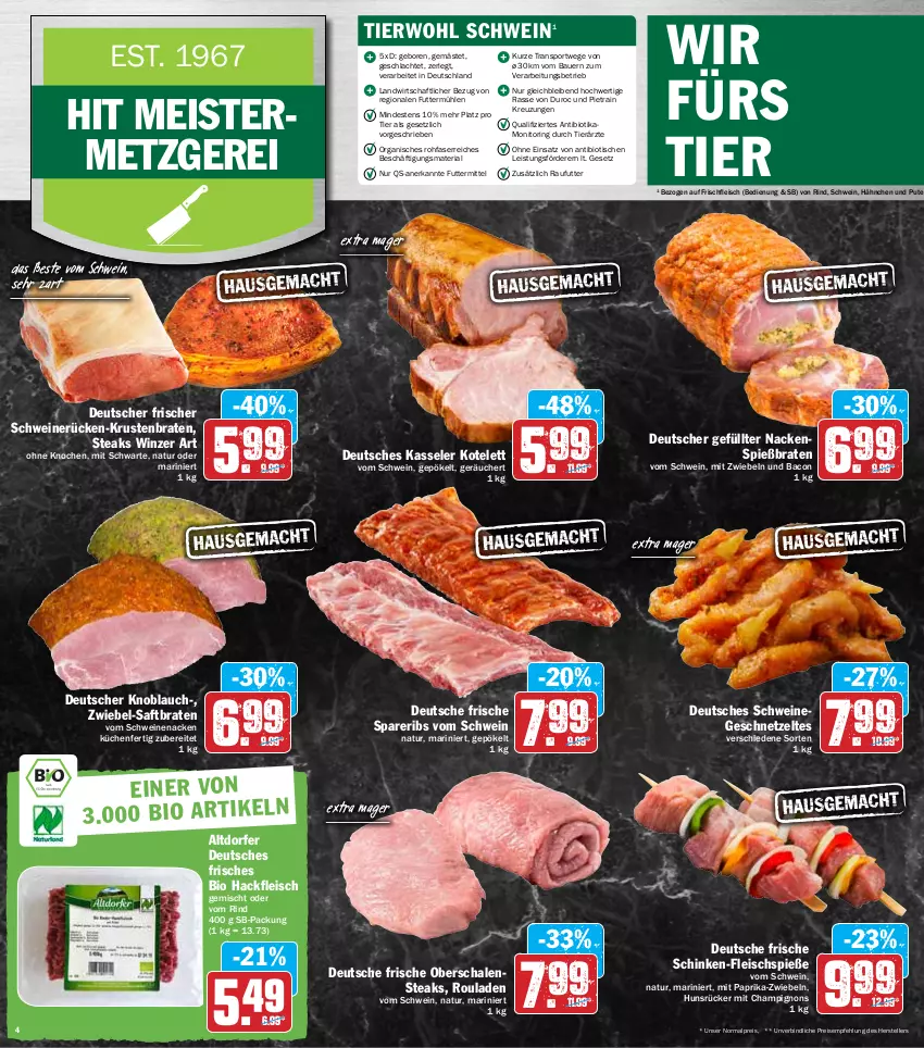 Aktueller Prospekt Hit - Prospekte - von 21.03 bis 26.03.2022 - strona 4 - produkty: auer, bacon, bio, braten, champignon, champignons, eis, elle, fleisch, Fleischspieße, geschnetzeltes, hackfleisch, hackfleisch gemischt, kasseler, knoblauch, kotelett, krustenbraten, küche, Küchen, Meister, mit paprika, mit zwiebeln, monitor, natur, paprika, pute, reis, Ria, rind, ring, rouladen, saft, Schal, Schale, schinken, schwein, schweine, schweinenacken, schweinerücken, spareribs, Sport, steak, steaks, teller, Ti, tisch, vom schweinenacken, wein, weine, Zelt, ZTE, zwiebel, zwiebeln