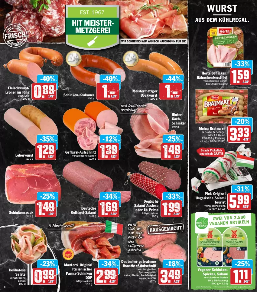 Aktueller Prospekt Hit - Prospekte - von 21.03 bis 26.03.2022 - strona 6 - produkty: auer, aufschnitt, aus dem kühlregal, axe, beef, bockwurst, braten, bratmaxe, brustfilet, chili, eis, elle, filet, fleisch, fleischwurst, Geflügel, gin, hähnchenbrust, hähnchenbrustfilet, herta, hinterkochschinken, jungbullen, kochschinken, krakauer, kräuter, kühlregal, leberwurst, leine, lyoner, meica, Meister, montorsi, natur, pfeffer, regal, reis, ring, roastbeef, saft, salami, salat, salate, schinken, schinkenspeck, Schinkenspicker, senf, snack, Speck, spitzenqualität, teller, Ti, Ungarische Salami, wurst, Yo, zwiebel