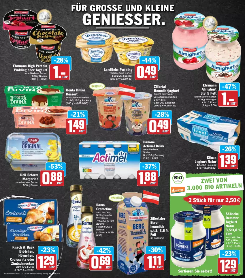 Aktueller Prospekt Hit - Prospekte - von 21.03 bis 26.03.2022 - strona 9 - produkty: actimel, actimel drink, almighur, almighurt, Becher, brötchen, creme, Croissant, croissants, danone, danone actimel drink, deli reform, dessert, drink, ehrmann, ehrmann almighurt, eis, elinas, elinas joghurt, elle, flasche, frucht, Heu, heumilch, hörnchen, joghur, joghurt, landliebe, leine, margarine, milch, natur, pudding, rama, rama cremefine, reis, söbbeke, teller, Ti, Tiere