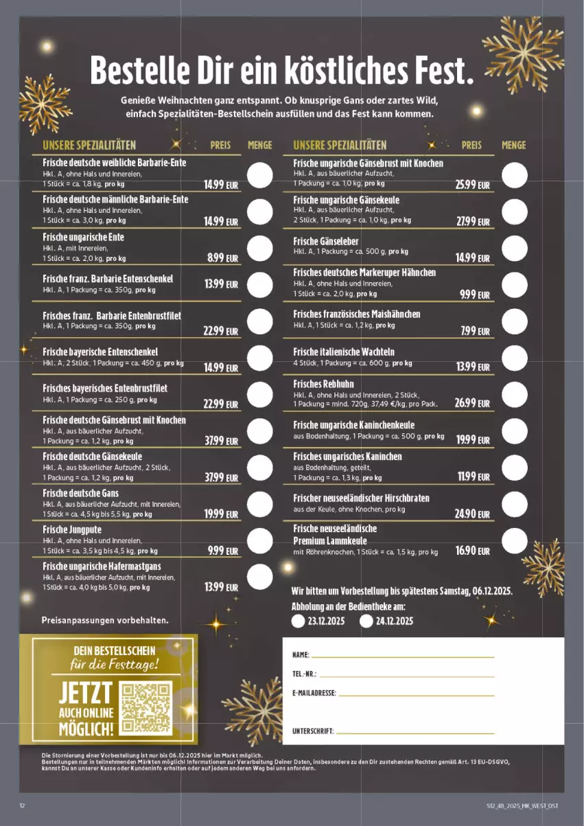 Aktueller Prospekt Marktkauf - Prospekt - von 23.11 bis 29.11.2025 - strona 12 - produkty: bett, braten, brustfilet, eis, elle, ente, Entenbrust, filet, Gänsebrust, Gänseleber, hafer, Kaninchenkeule, lamm, lammkeule, mais, reis, rel, Spezi, tee, Ti, weihnachten, Wild
