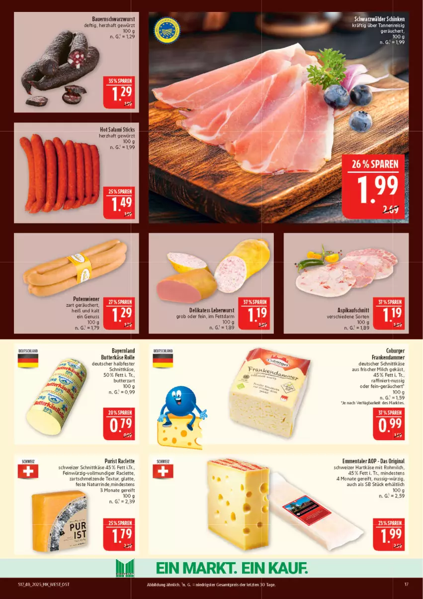 Aktueller Prospekt Marktkauf - Prospekt - von 23.11 bis 29.11.2025 - strona 17 - produkty: auer, aufschnitt, Bau, Bauer, burger, butter, butterkäse, deutscher schnittkäse, eis, emmentaler, gewürz, gin, halbfester schnittkäse, hartkäse, Käse, latte, leberwurst, milch, natur, nuss, pute, reis, rind, salami, schnittkäse, Schwarzwurst, schweizer hartkäse, schweizer schnittkäse, Ti, wiener, wurst, ZTE