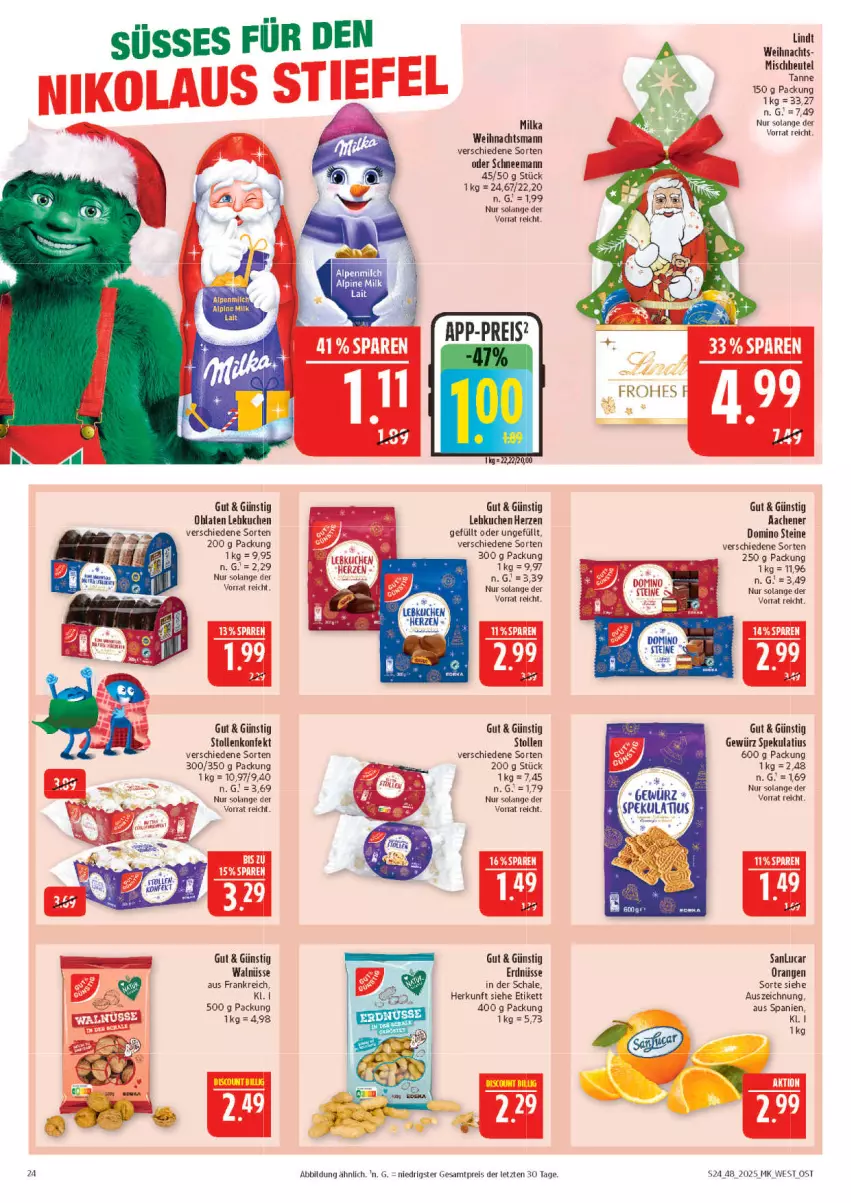 Aktueller Prospekt Marktkauf - Prospekt - von 23.11 bis 29.11.2025 - strona 24 - produkty: beutel, eis, erdnüsse, gewürz, kuchen, Lebkuchen, lindt, milka, Oblaten, orange, orangen, reis, Schal, Schale, Stollen, Ti, ZTE
