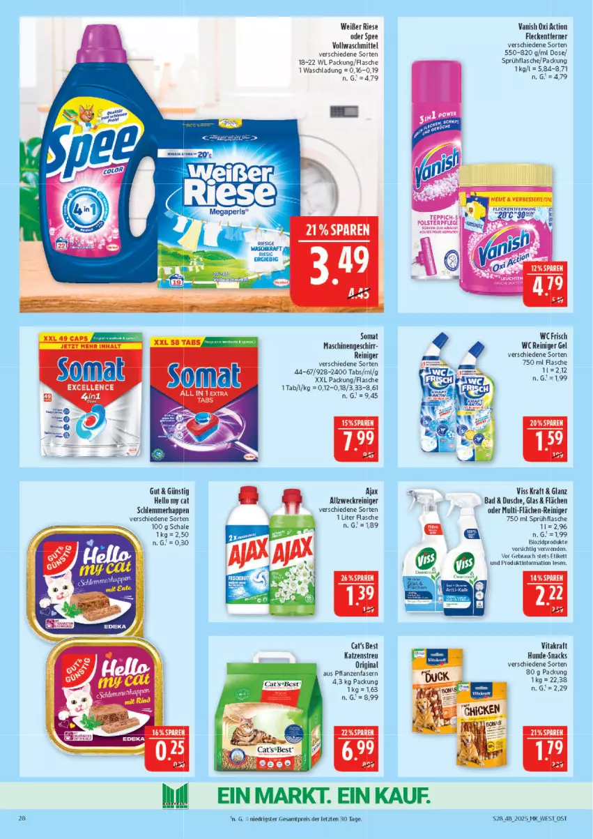 Aktueller Prospekt Marktkauf - Prospekt - von 23.11 bis 29.11.2025 - strona 28 - produkty: ajax, allzweckreiniger, Bad, Duck, dusche, eis, elle, ente, flasche, geschirr, gin, Katzenstreu, kraft, oxi action, pflanze, pflanzen, Rana, Rauch, reiniger, reiniger gel, reis, rwe, Schal, Schale, snack, snacks, somat, spee, sprühflasche, teppich, Ti, vanish, vanish oxi action, vita, vitakraft, vollwaschmittel, waschmittel, wc frisch, weck, ZTE