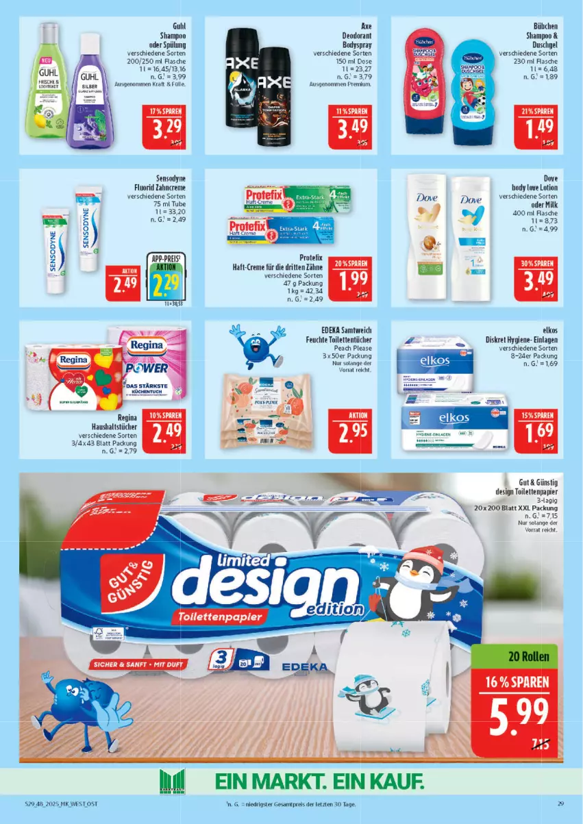 Aktueller Prospekt Marktkauf - Prospekt - von 23.11 bis 29.11.2025 - strona 29 - produkty: axe, body, bodyspray, creme, deka, deo, deodorant, dove, duschgel, eis, elkos, flasche, Guhl, haushaltstücher, kraft, Lotion, papier, reis, sensodyne, sensodyne fluorid, shampoo, shampoo oder spülung, spülung, Ti, toilettenpapier, toilettentücher, tücher, zahncreme, ZTE